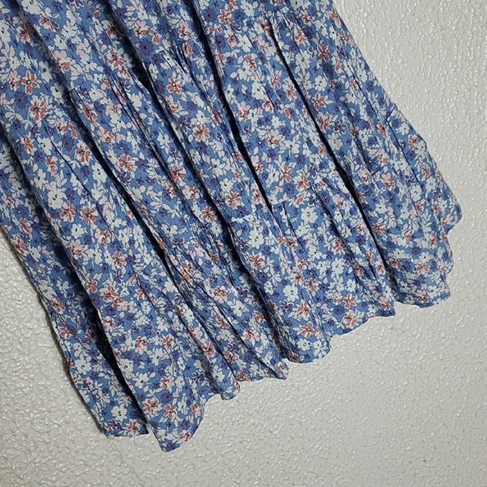 Altar'd State Tiered Floral Dress Scoop Neck Short Puff Sleeves Blue Multicolor - Picture 7 of 13